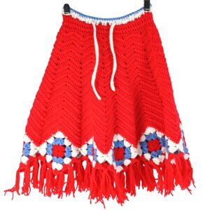 Vintage Handmade Crochet Kids Poncho Red White Blue Granny Square Fringe